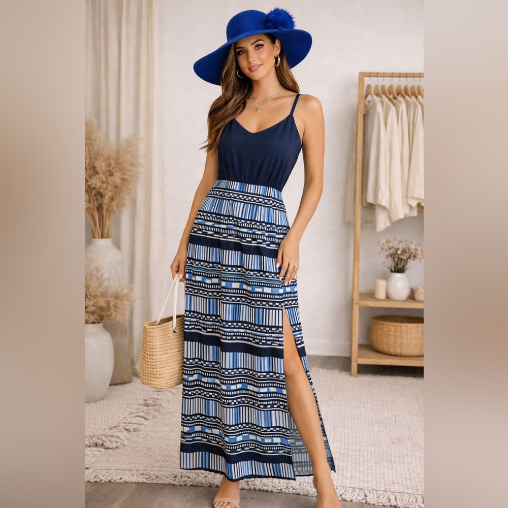 J.Crew Maxi Dress Blue Black Striped Sleeveless Size 6 D03